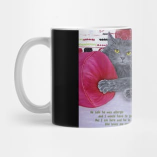 She Loves Me Most. Grey cat lies among rose colored pillows. Text added about a guy telling her to get rid of the cat. Mug